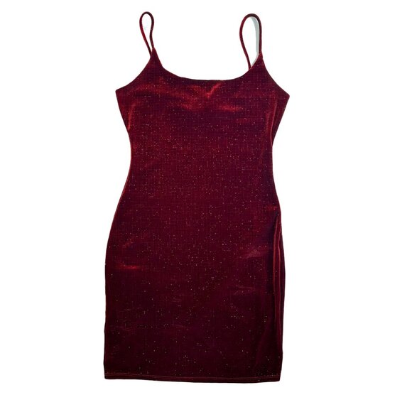 Vintage Y2K Red Velvet Glitter Mini Bodycon Vamp Dress. - Picture 2 of 7
